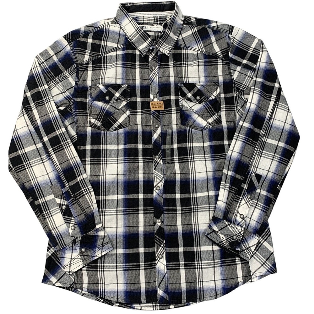 BKE Men's XL Plaid Snap Front Western Shirt Blue Black White Long Sleeve NWT
